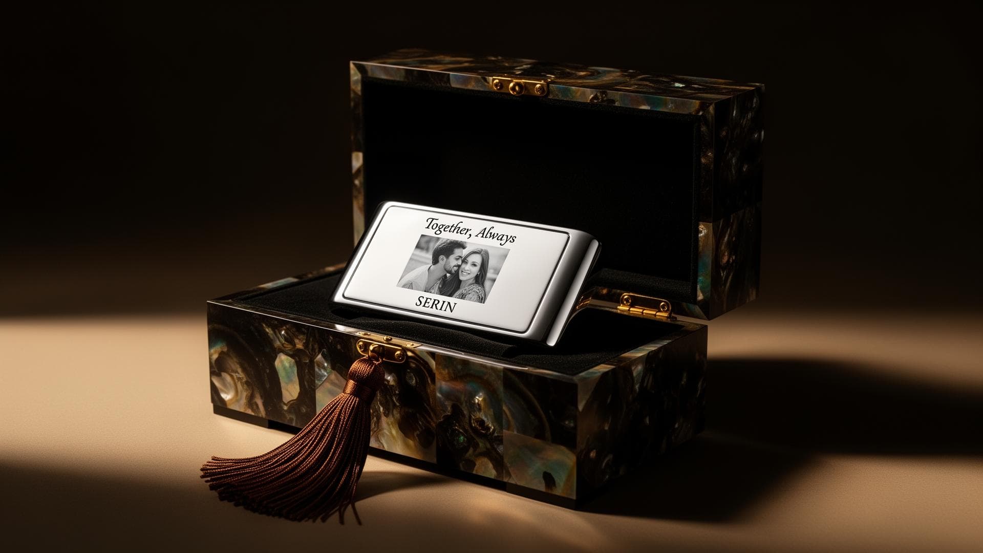 SERIN Gallery — engraved silver photo bar in a mother-of-pearl keepsake box